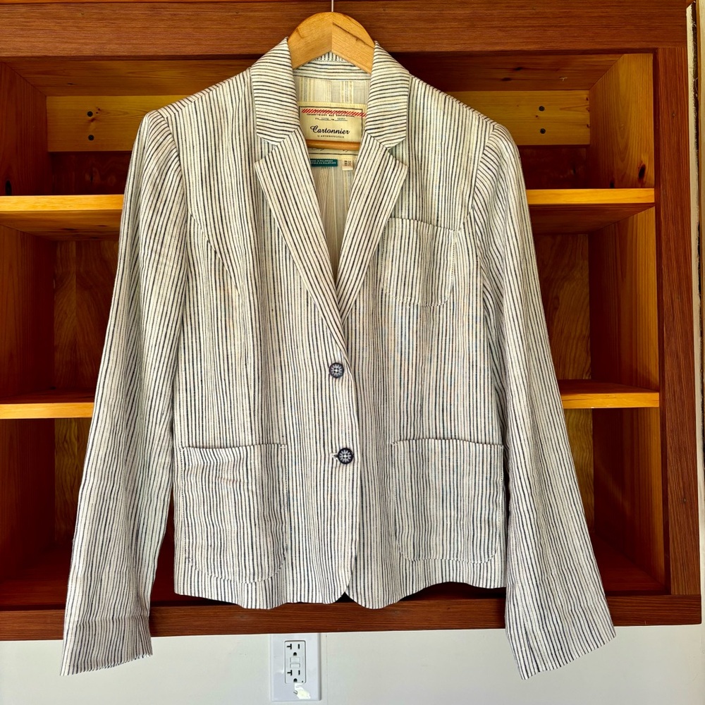 Anthropology Cartonnier Navy Stripe Summer Linen Blazer Women’s 10
